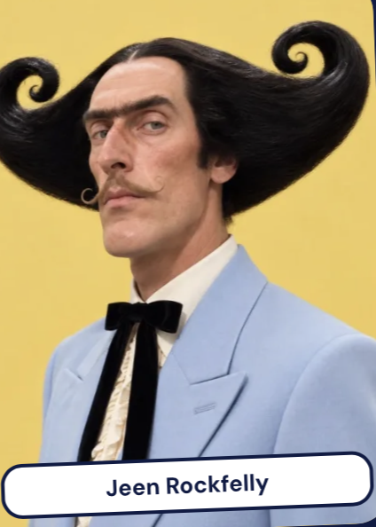 Jeen Rockfelly, personagem da Escolinha da IA: homem de cabelo em curvas, terno azul-claro e gravata borboleta