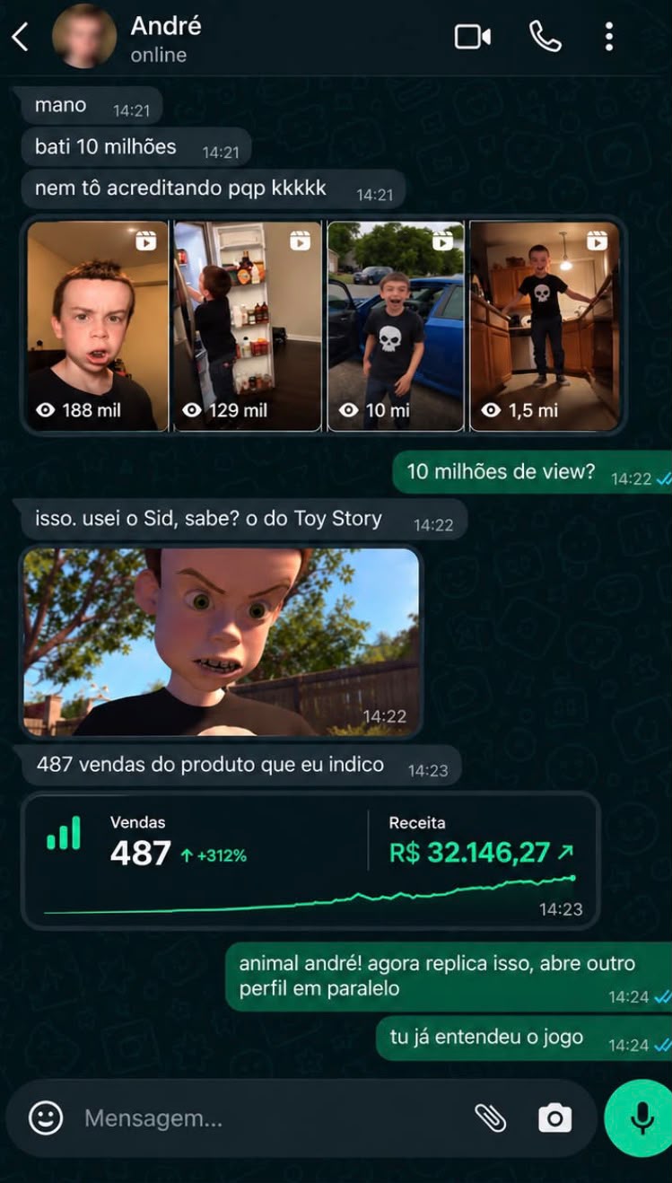 Captura de conversa de WhatsApp com vídeos, números de visualizações e um painel de vendas